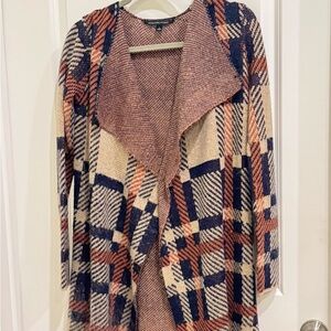 Signature Studio Blue and Cream Cardigan with Plaid Pattern